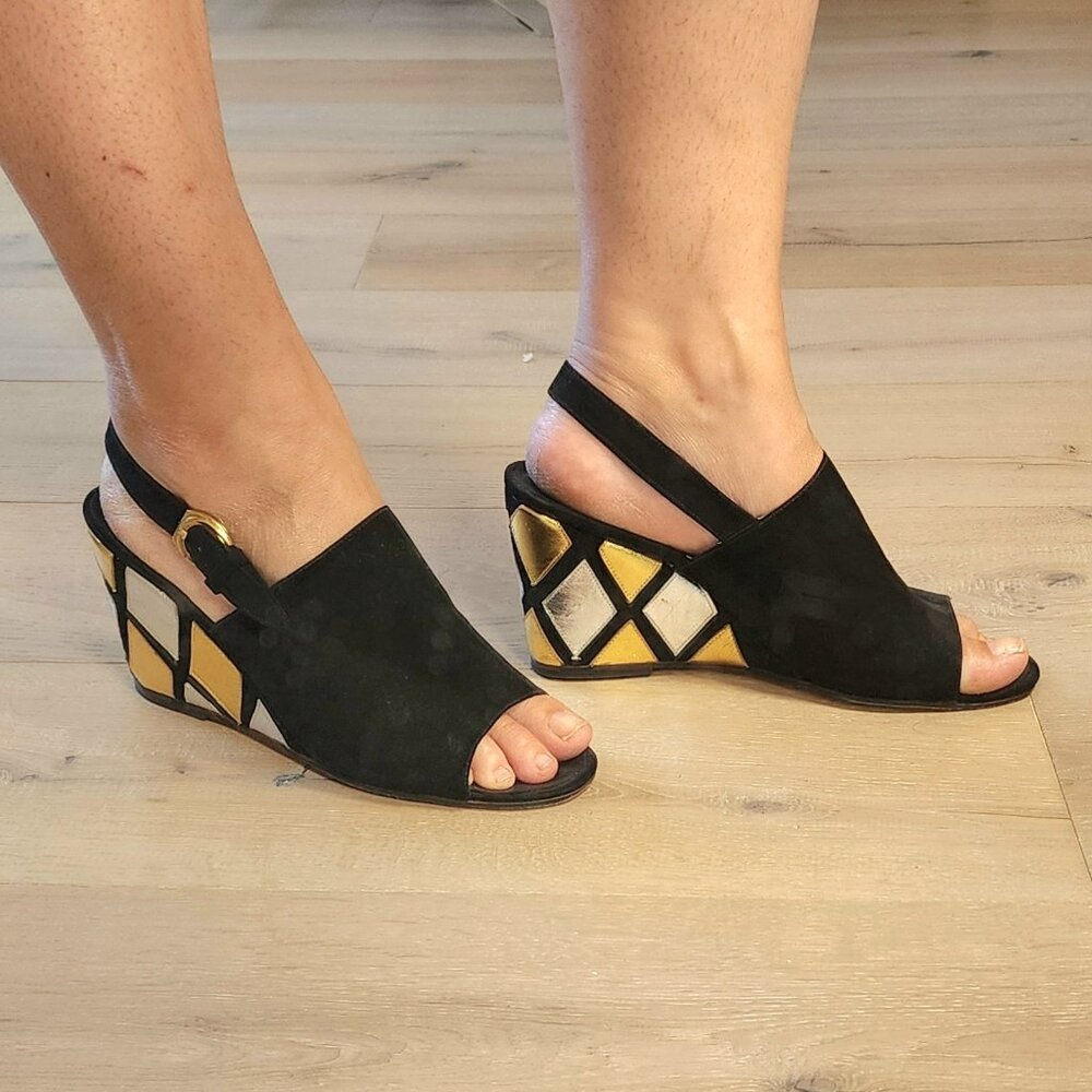 VINTAGE Black Suede Peep Toe Wedges with Gold and Silver Diamonds 1960 Size 9/10